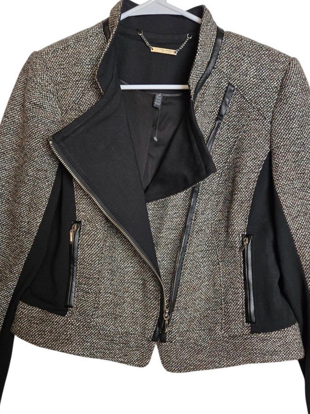 White House black market size 0 Tailored Black and Gray Tweed Moto Jacket